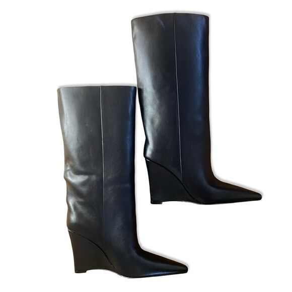 New Raye Revolve Denisse Boots Black leather knee high wedges shoes box 7 - Picture 2 of 13